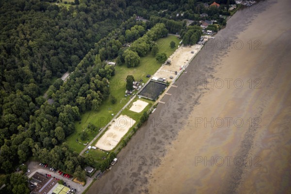 Aerial photo, Ruhr flood, flooding, Lake Baldeney with oil discolouration on the water surface, Fischlaken, Essen, Ruhr area, North Rhine-Westphalia, Germany, DE, Europe, birds-eyes view, aerial photo, aerial photography, aerial photography, overview, overview, bird's eye view, flood, flood of the century