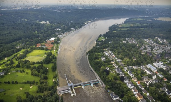 Aerial photo, Ruhr flood, flooding, Lake Baldeney weir Essen-Werden, Essen-Bredeney, Essen, Ruhr area, North Rhine-Westphalia, Germany, DE, Europe, birds-eyes view, aerial photo, aerial photography, aerial photography, overview, overview, bird's eye view, flood, century flood