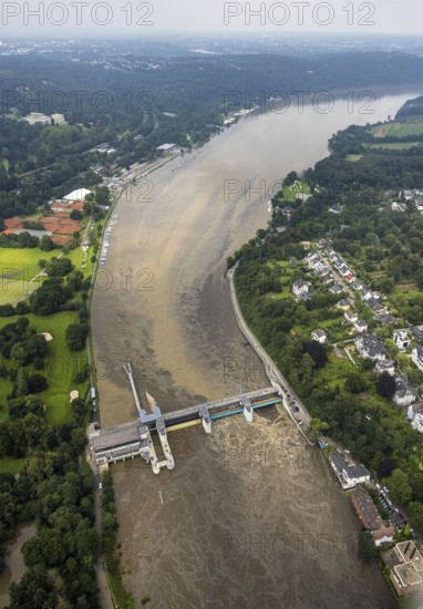 Aerial photo, Ruhr flood, flooding, Lake Baldeney weir Essen-Werden, Essen-Bredeney, Essen, Ruhr area, North Rhine-Westphalia, Germany, DE, Europe, birds-eyes view, aerial photo, aerial photography, aerial photography, overview, overview, bird's eye view, flood, century flood