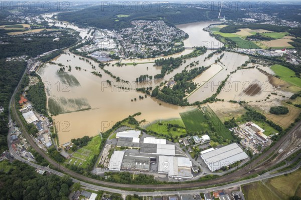 Aerial view, Ruhr floods, flooding south of Wetter, Vorhalle, Ruhr area, North Rhine-Westphalia, Germany, Hagen, DE, Europe, birds-eyes view, aerial photography, aerial photography, overview, bird's eye view, Ruhr floods, flooding, heavy rain, flood of the century