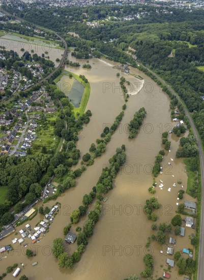 Aerial photo, Ruhr flood, barrage Witten, flooding, Annen, Witten, Ruhr area, North Rhine-Westphalia, Germany, DE, Europe, birds-eyes view, aerial photo, aerial photography, aerial photography, overview, bird's eye view, Ruhr flood, heavy rain, flood of the century