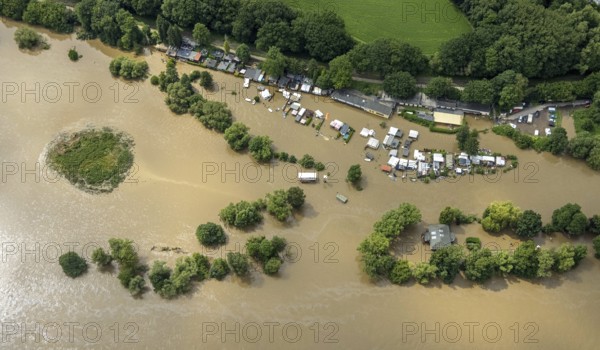 Aerial photo, Ruhr floods, flooding, Bommern, Witten, Ruhr area, North Rhine-Westphalia, Germany, DE, Europe, birds-eyes view, aerial photography, aerial photography, overview, bird's eye view, Ruhr floods, heavy rain, flood of the century