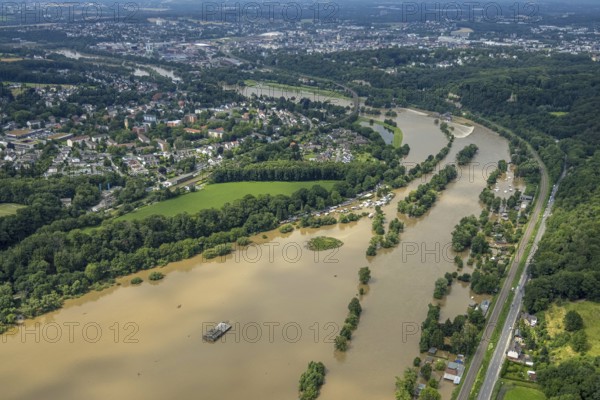 Aerial view, Ruhr floods, Ruhr between Wetter and Witten, flooding, Annen, Witten, Ruhr area, North Rhine-Westphalia, Germany, DE, Europe, birds-eyes view, aerial photography, aerial photography, overview, bird's eye view, Ruhr floods, heavy rain, flood of the century