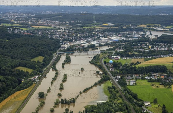 Aerial photo, Ruhr floods, flooding, weather, Ruhr area, North Rhine-Westphalia, Germany, DE, Europe, birds-eyes view, aerial photo, aerial photography, aerial photography, overview, bird's-eye view, Ruhr floods, heavy rain, century floods