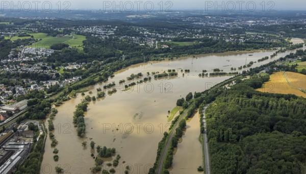 Aerial photo, Ruhr floods, flooding, weather, Ruhr area, North Rhine-Westphalia, Germany, Witten, DE, Europe, birds-eyes view, aerial photography, aerial photography, overview, bird's eye view, Ruhr floods, heavy rain, flood of the century