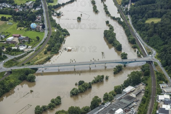 Aerial photo, Ruhr floods, flooding, weather, Ruhr area, North Rhine-Westphalia, Germany, DE, Europe, birds-eyes view, aerial photo, aerial photography, aerial photography, overview, bird's-eye view, Ruhr floods, heavy rain, century floods