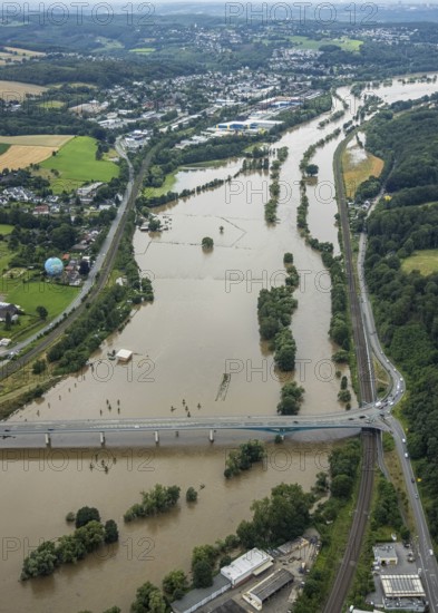 Aerial photo, Ruhr floods, flooding, weather, Ruhr area, North Rhine-Westphalia, Germany, DE, Europe, birds-eyes view, aerial photo, aerial photography, aerial photography, overview, bird's-eye view, Ruhr floods, heavy rain, century floods