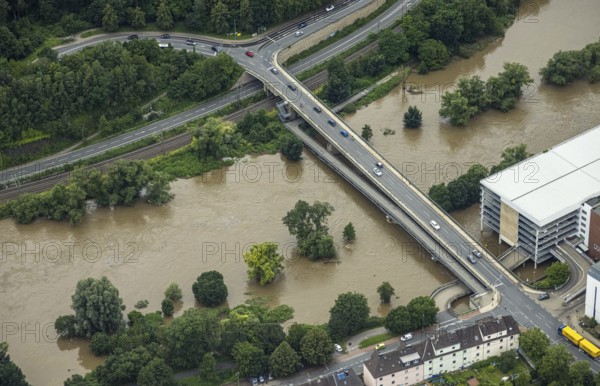 Aerial photo, Ruhr floods, flooding, weather, Ruhr area, North Rhine-Westphalia, Germany, DE, Europe, birds-eyes view, aerial photo, aerial photography, aerial photography, overview, bird's-eye view, Ruhr floods, heavy rain, century floods