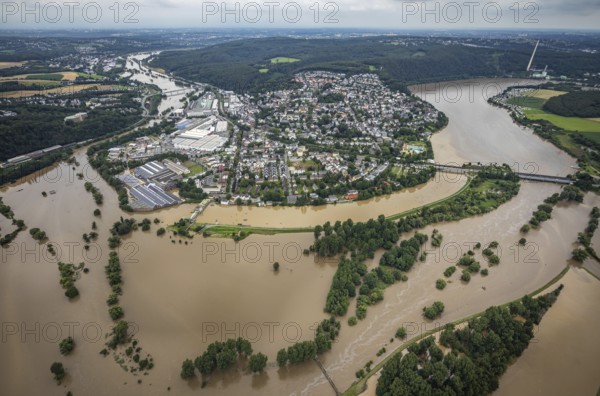 Aerial view, Ruhr floods, flooding south of Wetter, Vorhalle, Hagen, Ruhr area, North Rhine-Westphalia, Germany, Wetter, DE, Europe, birds-eyes view, aerial photography, aerial photography, overview, bird's eye view, Ruhr floods, flooding, heavy rain, century floods