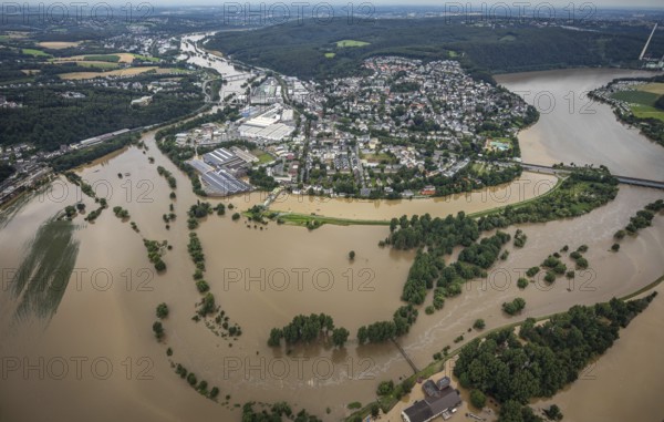 Aerial view, Ruhr floods, flooding south of Wetter, Vorhalle, Hagen, Ruhr area, North Rhine-Westphalia, Germany, Wetter, DE, Europe, birds-eyes view, aerial photography, aerial photography, overview, bird's eye view, Ruhr floods, flooding, heavy rain, century floods