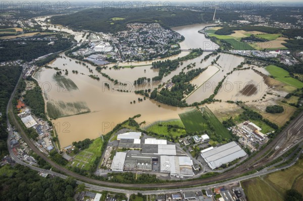 Aerial view, Ruhr floods, flooding south of Wetter, Vorhalle, Ruhr area, North Rhine-Westphalia, Germany, Hagen, DE, Europe, birds-eyes view, aerial photography, aerial photography, overview, bird's eye view, Ruhr floods, flooding, heavy rain, flood of the century