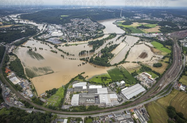 Aerial view, Ruhr floods, flooding south of Wetter, Vorhalle, Ruhr area, North Rhine-Westphalia, Germany, Hagen, DE, Europe, birds-eyes view, aerial photography, aerial photography, overview, bird's eye view, Ruhr floods, flooding, heavy rain, flood of the century
