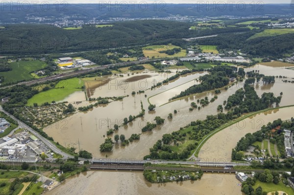 Aerial photo, Ruhr floods, flooding, weather, Ruhr area, North Rhine-Westphalia, Germany, DE, Europe, birds-eyes view, aerial photo, aerial photography, aerial photography, overview, bird's-eye view, Ruhr floods, heavy rain, century floods
