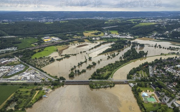 Aerial photo, Ruhr floods, flooding, weather, Ruhr area, North Rhine-Westphalia, Germany, DE, Europe, birds-eyes view, aerial photo, aerial photography, aerial photography, overview, bird's-eye view, Ruhr floods, heavy rain, century floods