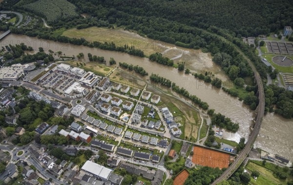 Aerial photo, Ruhr flood, barrage Hengsteysee, flooding, Herdecke, Boele, Hagen, Ruhr area, North Rhine-Westphalia, Germany, DE, Europe, birds-eyes view, aerial photo, aerial photography, aerial photography, overview, overview, bird's eye view, Ruhr flood, heavy rain, flood of the century