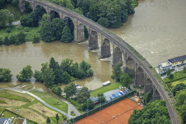 Aerial photo, Ruhr flood, barrage Hengsteysee, flooding, Herdecke, Boele, Hagen, Ruhr area, North Rhine-Westphalia, Germany, DE, Europe, birds-eyes view, aerial photo, aerial photography, aerial photography, overview, overview, bird's eye view, Ruhr flood, heavy rain, flood of the century