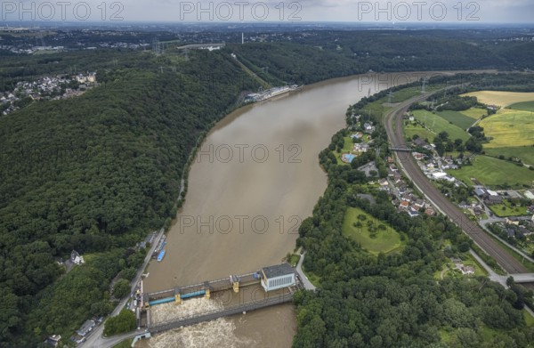 Aerial photo, Ruhr flood, barrage Hengsteysee, flooding, Herdecke, Boele, Hagen, Ruhr area, North Rhine-Westphalia, Germany, DE, Europe, birds-eyes view, aerial photo, aerial photography, aerial photography, overview, overview, bird's eye view, Ruhr flood, heavy rain, flood of the century