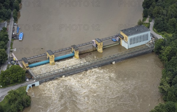Aerial photo, Ruhr flood, barrage Hengsteysee, flooding, Herdecke, Boele, Hagen, Ruhr area, North Rhine-Westphalia, Germany, DE, Europe, birds-eyes view, aerial photo, aerial photography, aerial photography, overview, overview, bird's eye view, Ruhr flood, heavy rain, flood of the century