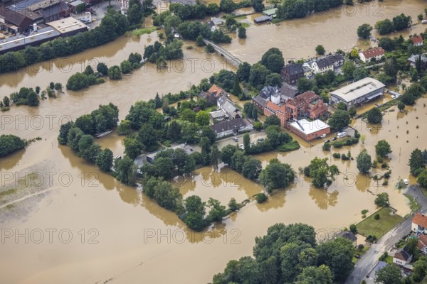 Aerial photo, Ruhr floods, flooding, Heven, Witten, Ruhr area, North Rhine-Westphalia, Germany, DE, Europe, birds-eyes view, aerial photo, aerial photography, aerial photography, overview, bird's eye view, Ruhr floods, heavy rain, flood of the century