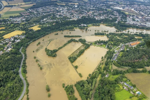 Aerial photo, Ruhr floods, Witten waterworks, flooding, Witten, Ruhr area, North Rhine-Westphalia, Germany, DE, Europe, birds-eyes view, aerial photo, aerial photography, aerial photography, overview, bird's eye view, Ruhr floods, heavy rain, flood of the century