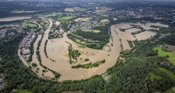 Aerial photo, Ruhr floods, Witten waterworks, flooding, Witten, Ruhr area, North Rhine-Westphalia, Germany, DE, Europe, birds-eyes view, aerial photo, aerial photography, aerial photography, overview, bird's eye view, Ruhr floods, heavy rain, flood of the century