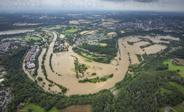 Aerial photo, Ruhr floods, Witten waterworks, flooding, Witten, Ruhr area, North Rhine-Westphalia, Germany, DE, Europe, birds-eyes view, aerial photo, aerial photography, aerial photography, overview, bird's eye view, Ruhr floods, heavy rain, flood of the century