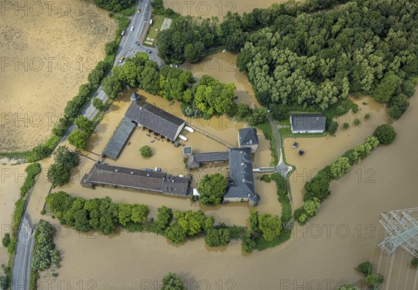 Aerial photograph, Ruhr floods, flooded house Kemnade, flooding, Blankenstein, Hattingen, Ruhr area, North Rhine-Westphalia, Germany, DE, Europe, birds-eyes view, aerial photograph, aerial photography, aerial photography, overview, bird's eye view, Ruhr floods, heavy rain, century floods