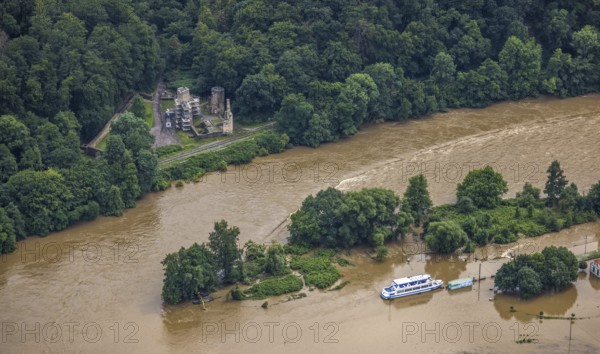 Aerial photo, Ruhr floods, flooding, Heven, Witten, Ruhr area, North Rhine-Westphalia, Germany, DE, Europe, birds-eyes view, aerial photo, aerial photography, aerial photography, overview, bird's eye view, Ruhr floods, heavy rain, flood of the century