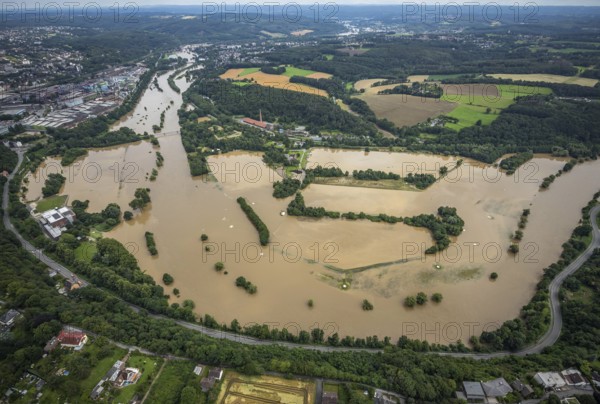 Aerial photo, Ruhr floods, Witten waterworks, flooding, Witten, Ruhr area, North Rhine-Westphalia, Germany, DE, Europe, birds-eyes view, aerial photo, aerial photography, aerial photography, overview, bird's eye view, Ruhr floods, heavy rain, flood of the century