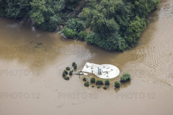 Aerial photo, Ruhr floods, Witten waterworks, flooding, Witten, Ruhr area, North Rhine-Westphalia, Germany, DE, Europe, birds-eyes view, aerial photo, aerial photography, aerial photography, overview, bird's eye view, Ruhr floods, heavy rain, flood of the century