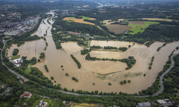 Aerial photo, Ruhr floods, Witten waterworks, flooding, Witten, Ruhr area, North Rhine-Westphalia, Germany, DE, Europe, birds-eyes view, aerial photo, aerial photography, aerial photography, overview, bird's eye view, Ruhr floods, heavy rain, flood of the century