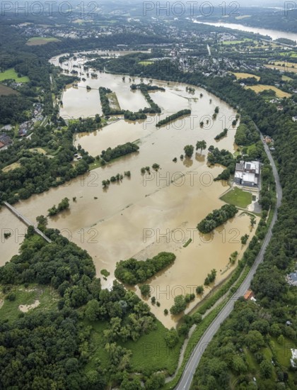 Aerial photo, Ruhr floods, Witten waterworks, flooding, Witten, Ruhr area, North Rhine-Westphalia, Germany, DE, Europe, birds-eyes view, aerial photo, aerial photography, aerial photography, overview, bird's eye view, Ruhr floods, heavy rain, flood of the century