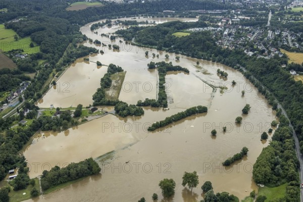 Aerial photo, Ruhr floods, Witten waterworks, flooding, Witten, Ruhr area, North Rhine-Westphalia, Germany, DE, Europe, birds-eyes view, aerial photo, aerial photography, aerial photography, overview, bird's eye view, Ruhr floods, heavy rain, flood of the century