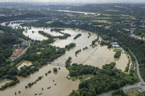 Aerial photo, Ruhr floods, Witten waterworks, flooding, Witten, Ruhr area, North Rhine-Westphalia, Germany, DE, Europe, birds-eyes view, aerial photo, aerial photography, aerial photography, overview, bird's eye view, Ruhr floods, heavy rain, flood of the century