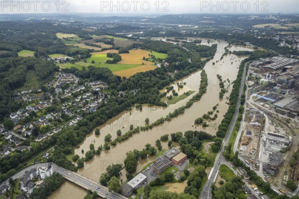 Aerial photo, Ruhr floods, flooding, Witten, Ruhr area, North Rhine-Westphalia, Germany, DE, Europe, birds-eyes view, aerial photo, aerial photography, aerial photography, overview, bird's eye view, Ruhr floods, heavy rain, century floods
