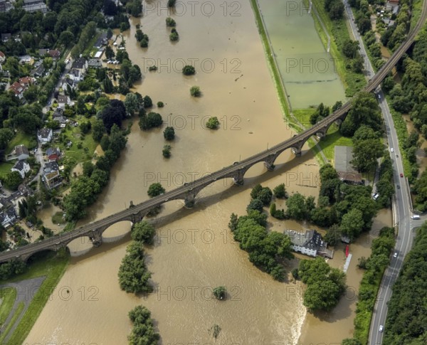 Aerial photo, Ruhr floods, flooding, Witten, Ruhr area, North Rhine-Westphalia, Germany, DE, Europe, birds-eyes view, aerial photo, aerial photography, aerial photography, overview, bird's eye view, Ruhr floods, heavy rain, century floods
