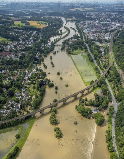 Aerial photo, Ruhr floods, flooding, Witten, Ruhr area, North Rhine-Westphalia, Germany, DE, Europe, birds-eyes view, aerial photo, aerial photography, aerial photography, overview, bird's eye view, Ruhr floods, heavy rain, century floods