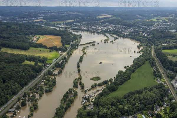 Aerial photo, Ruhr floods, flooding, Bommern, Witten, Ruhr area, North Rhine-Westphalia, Germany, DE, Europe, birds-eyes view, aerial photography, aerial photography, overview, bird's eye view, Ruhr floods, heavy rain, flood of the century