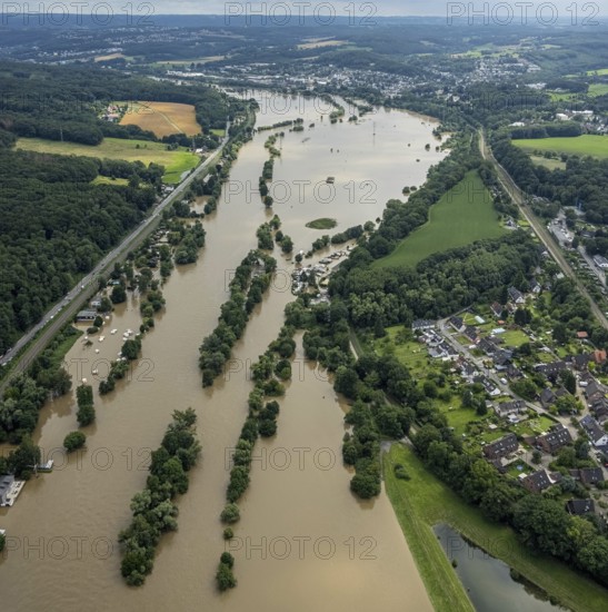 Aerial photo, Ruhr floods, flooding, Bommern, Witten, Ruhr area, North Rhine-Westphalia, Germany, DE, Europe, birds-eyes view, aerial photography, aerial photography, overview, bird's eye view, Ruhr floods, heavy rain, flood of the century