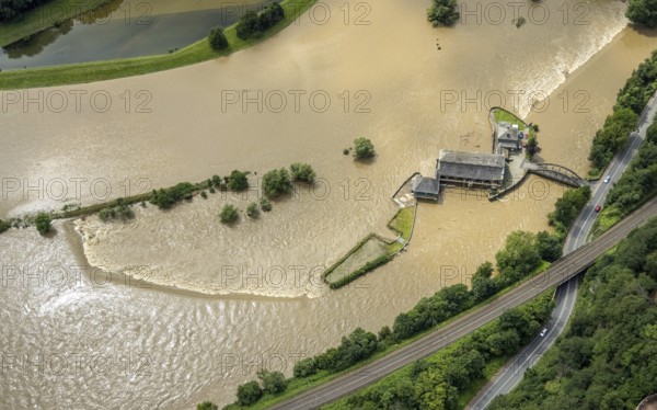 Aerial photo, Ruhr flood, barrage Witten, flooding, Annen, Witten, Ruhr area, North Rhine-Westphalia, Germany, DE, Europe, birds-eyes view, aerial photo, aerial photography, aerial photography, overview, bird's eye view, Ruhr flood, heavy rain, flood of the century