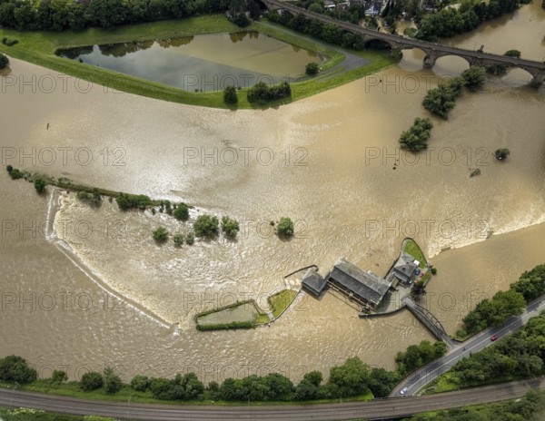 Aerial photo, Ruhr flood, barrage Witten, flooding, Annen, Witten, Ruhr area, North Rhine-Westphalia, Germany, DE, Europe, birds-eyes view, aerial photo, aerial photography, aerial photography, overview, bird's eye view, Ruhr flood, heavy rain, flood of the century