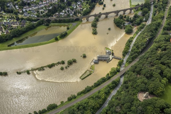 Aerial photo, Ruhr flood, barrage Witten, flooding, Annen, Witten, Ruhr area, North Rhine-Westphalia, Germany, DE, Europe, birds-eyes view, aerial photo, aerial photography, aerial photography, overview, bird's eye view, Ruhr flood, heavy rain, flood of the century