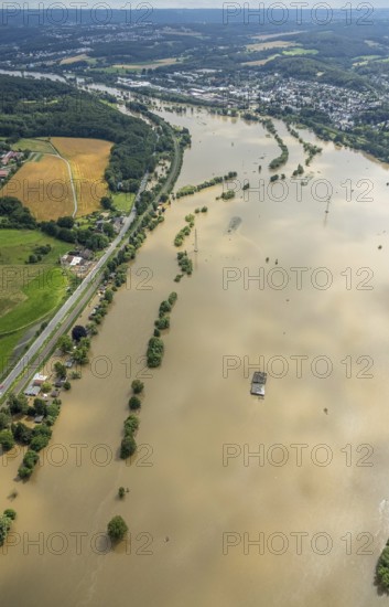 Aerial view, Ruhr floods, Ruhr between Wetter and Witten, flooding, Annen, Witten, Ruhr area, North Rhine-Westphalia, Germany, DE, Europe, birds-eyes view, aerial photography, aerial photography, overview, bird's eye view, Ruhr floods, heavy rain, flood of the century