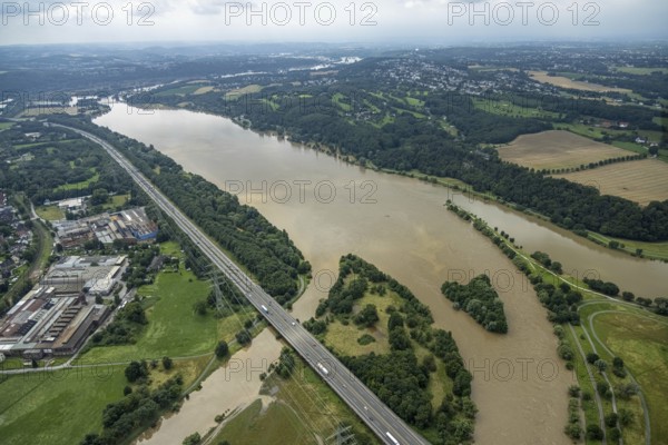 Aerial photo, Ruhr floods, Kemnader Lake, flooding, Heven, Witten, Ruhr area, North Rhine-Westphalia, Germany, DE, Europe, birds-eyes view, aerial photography, aerial photography, overview, bird's eye view, Ruhr floods, heavy rain, flood of the century