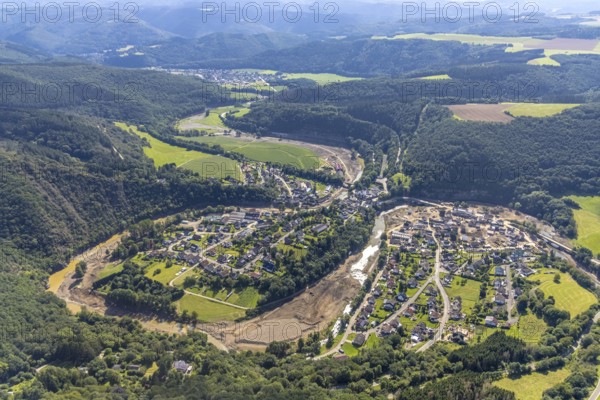 Aerial photograph, flood area with river Ahr in Schuld, Ahr valley, Rhineland-Palatinate, Germany, Ahr flood, DE, Europe, flood disaster, flood wave, flood disaster, flood of the century, aerial photograph, aerial photography, aerial photography, Schuld, heavy rain, overview, bird's-eye view, overview, flooding, flooding, flood area