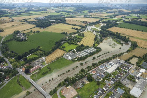 Aerial photo, Ruhr flood, flood after heavy rainfall, Wickede, Sauerland, North Rhine-Westphalia, Germany, DE, Europe, birds-eyes view, aerial photo, aerial photography, aerial photography, overview, bird's eye view, flood, Möhne, Möesee