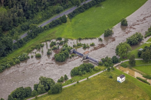 Aerial photo, Ruhr flood, flood after heavy rainfall, Wickede, Sauerland, North Rhine-Westphalia, Germany, DE, Europe, birds-eyes view, aerial photo, aerial photography, aerial photography, overview, bird's eye view, flood, Möhne, Möesee