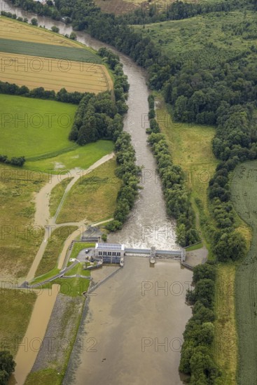 Aerial photo, Ruhr flood, barrage Ense Wickede, flood after heavy rainfall, Waltringen, Ense, Sauerland, North Rhine-Westphalia, Germany, DE, Europe, birds-eyes view, aerial photo, aerial photography, aerial photography, overview, overview, bird's eye view, flood, Möhne, Möesee