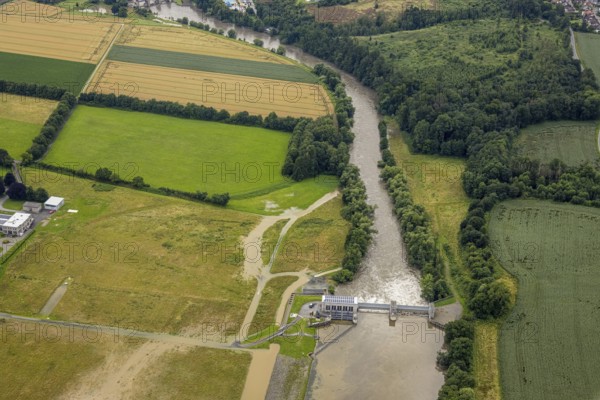 Aerial photo, Ruhr flood, barrage Ense Wickede, flood after heavy rainfall, Waltringen, Ense, Sauerland, North Rhine-Westphalia, Germany, DE, Europe, birds-eyes view, aerial photo, aerial photography, aerial photography, overview, overview, bird's eye view, flood, Möhne, Möesee