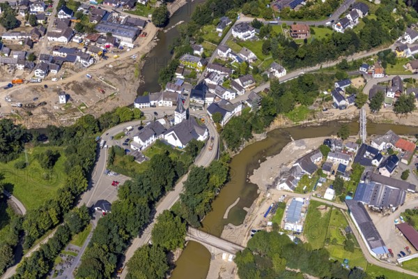 Aerial view, flood area with river Ahr and bridge damage and St. Gertrud Church in Schuld, Ahr Valley, Rhineland-Palatinate, Germany, Ahr flood, place of worship, bridges, DE, Europe, flood disaster, tidal wave, religious community, place of worship, holy site, flood disaster, flood of the century, church, parish, denomination, aerial view, aerial photography, aerial photography, religion, religious site, guilt, heavy rain, overview, bird's-eye view, overview, flooding, flood, flooded area